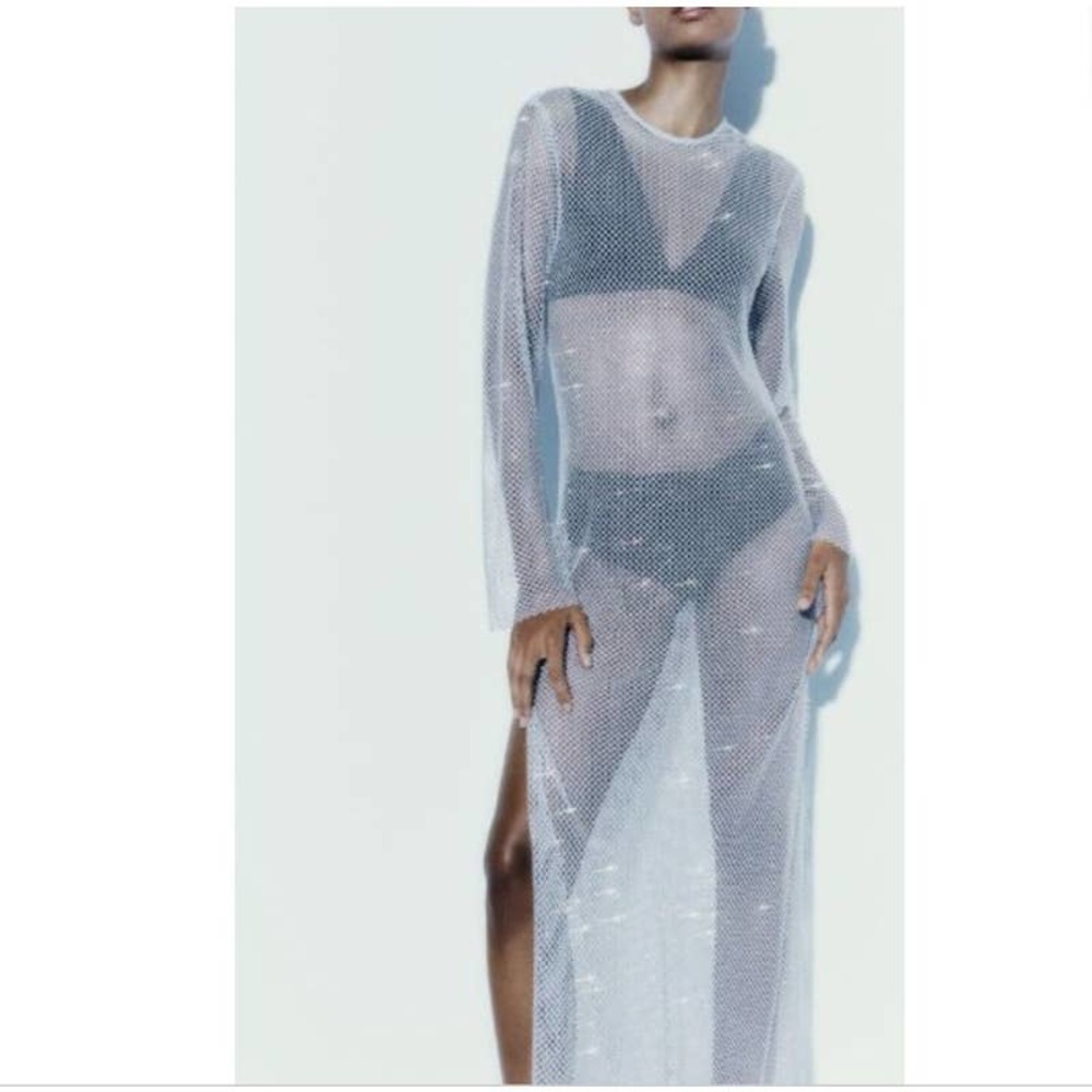 Zara Baby Blue Rhinestone Mesh Maxi Dress Size Medium - Large
